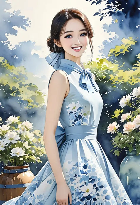 8K,Masterpiece,Top Quality,Dynamic Pose,Beautiful Woman with Long Hair,Smile: 1.6,Japanese Beauty,((carboy shot,change of plan)),A sleeveless midi dress with a high neckline and a large bow tied elegantly at the neck. The dress is fitted at the waist, flar...