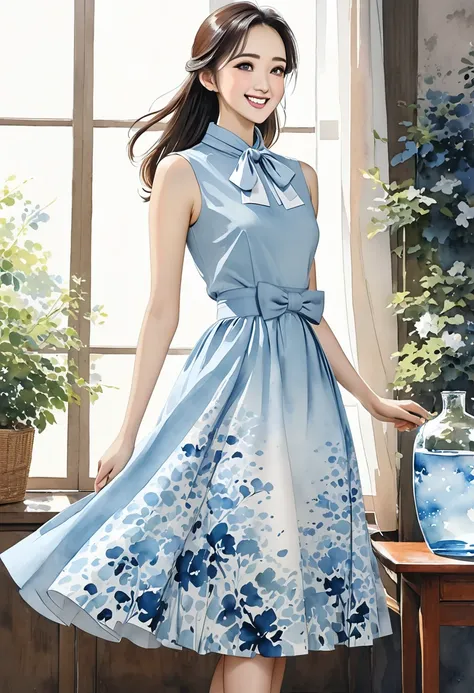 8K,Masterpiece,Top Quality,Dynamic Pose,Beautiful Woman with Long Hair,Smile: 1.6,Japanese Beauty,((carboy shot,change of plan)),A sleeveless midi dress with a high neckline and a large bow tied elegantly at the neck. The dress is fitted at the waist, flar...