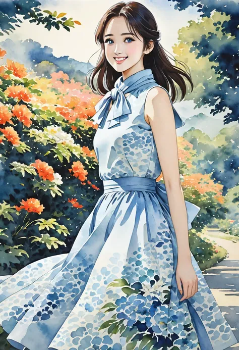 8K,Masterpiece,Best Picture Quality,Dynamic Pose,Long Hair Beauty,Smile: 1.6,Japanese Beauty,((Carboy Shot,Plan Change)),Sleeveless midi dress with high neck, large bow elegantly tied around the neck. The waist fits snugly and the A-line skirt extends grac...