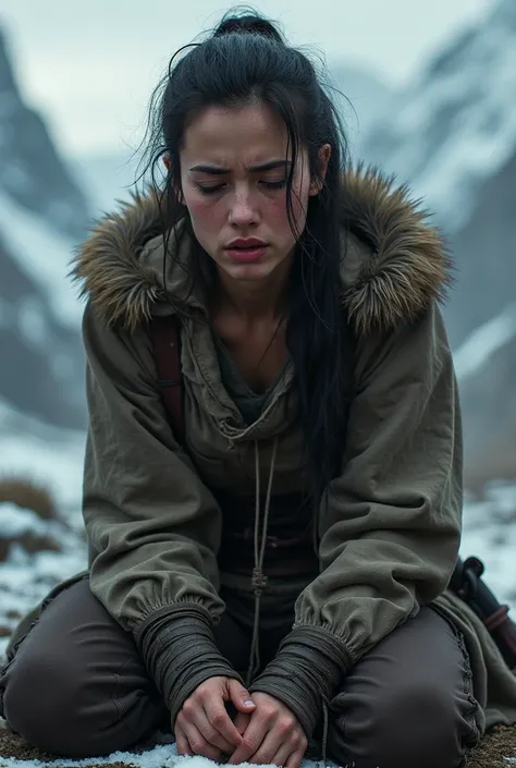 A woman from the mountains with her hands tied, kneeling and crying