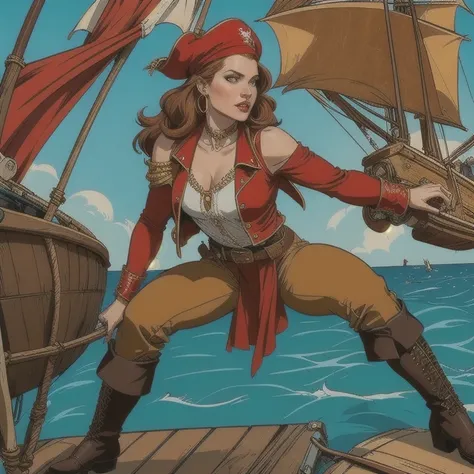 A 30-year-old redheaded female pirate captain with wavy shoulder-length hair, a red bandana, large gold hoop earrings, a loose white long-sleeved blouse, a brown leather vest, a belt with a large square buckle, long brown pants, worn leather boots, holding...