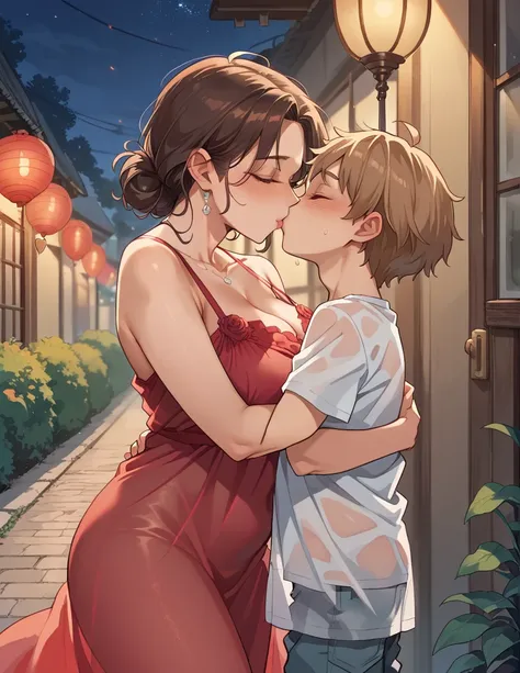 score_9, score_8_up, score_7_up, source_anime, 1boy, 1girl, mature female,  mother and son, kid, hug, kissing, date night, valentines day, romantic, loose hairs, transparent dress