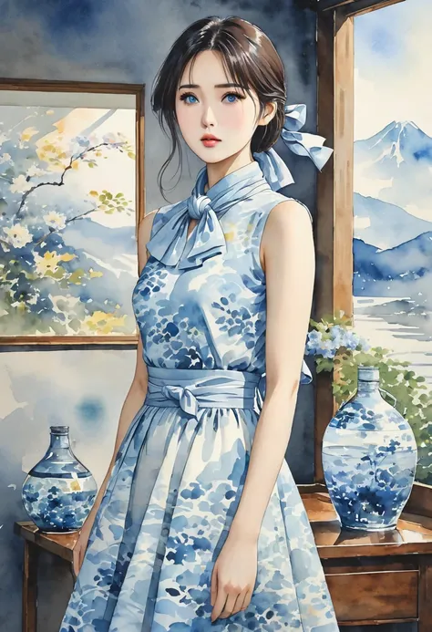 8K,Masterpiece,Best picture quality,Dynamic pose,Long haired beauty,Serious face: 1.6,Japanese beauty,((Carboy shot, change of plan)),Sleeveless midi dress with high neck, large bow elegantly tied around the neck. The waist fits snugly and the A-line skirt...