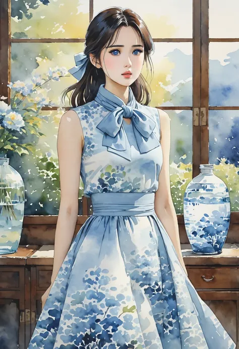 8K,Masterpiece,Best picture quality,Dynamic pose,Long haired beauty,Serious face: 1.6,Japanese beauty,((Carboy shot, change of plan)),Sleeveless midi dress with high neck, large bow elegantly tied around the neck. The waist fits snugly and the A-line skirt...