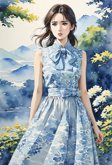 8K,Masterpiece,Best picture quality,Dynamic pose,Long haired beauty,Serious face: 1.6,Japanese beauty,((Carboy shot, change of plan)),Sleeveless midi dress with high neck, large bow elegantly tied around the neck. The waist fits snugly and the A-line skirt...