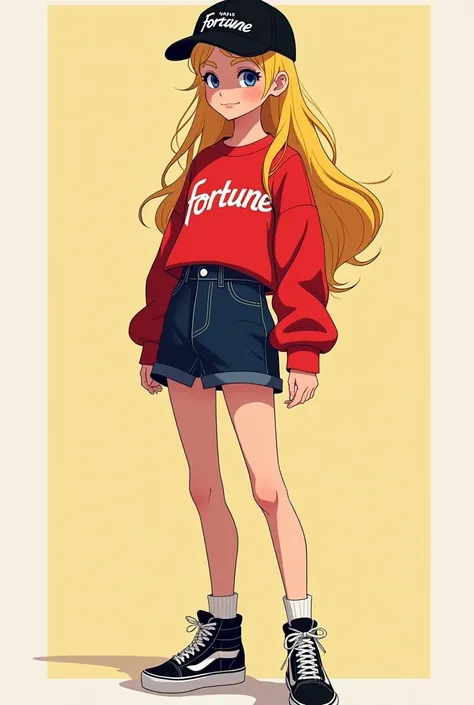 generates an image of a full-body blonde girl wearing a black cap with the phrase "FORTUNE" a red top with the phrase " FORTUNE " with black mini skirt, jeans and vans sneakers