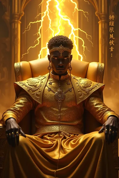 Black man in a golden and black hall. Upper Body encrusted in gold. Golden eyes. Sultry look. Short black hair. Golden crown on head that reaches his forehead. Long golden earrings. Full Finger Chinese style gold rings. Filled with golden lightening. Sitti...