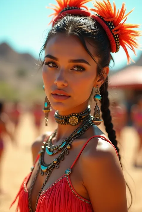 A close-up photo of a female influencer on the desert festival, dressed in festival rave outfit, clothes decorated with fringe, bright outfit, steampunk style, daytime, art installations, desert background, sharp focus, cinematic, trending on instagram, hd