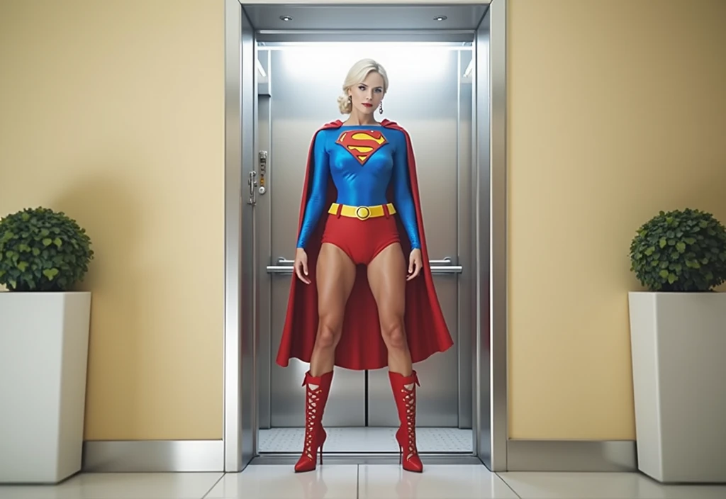 A beautiful Supergirl in a 1980s Superman costume, Julie Hagerty, stepping out of an elevator, high quality, photorealistic, 8k, cinematic lighting, dramatic pose, intricate details, warm color tones, volumetric lighting, elegant, heroic, dynamic