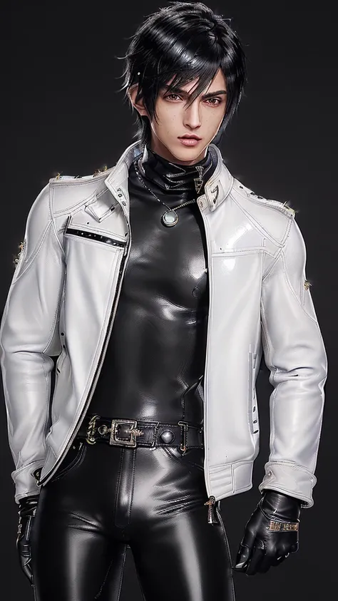 ((Final fantasy taste and reality graphics)), ((Japanese young cute and cool ikemen  boy)), his age is early 20s, thin eyebrows and beady eyes,  ((((he wearing white color and very shining brightly enamel leather very thick single-brest jacket)))), ((with ...