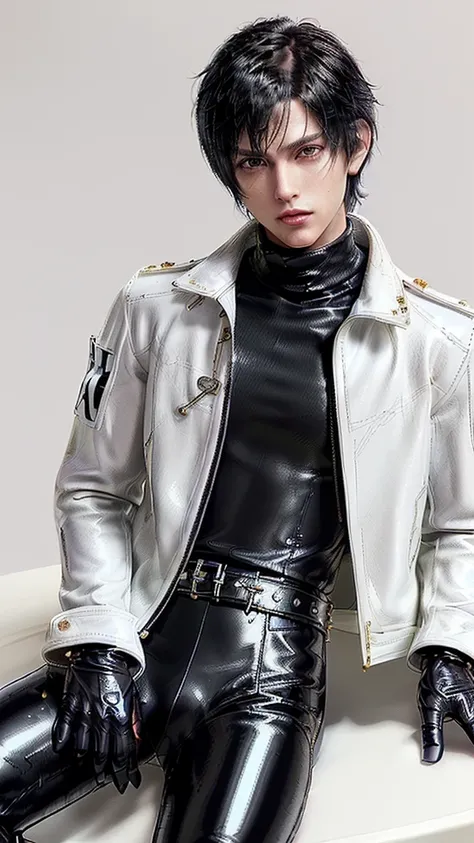 ((Final fantasy taste and reality graphics)), ((Japanese young cute and cool ikemen  boy)), his age is early 20s, thin eyebrows and beady eyes,  ((((he wearing white color and very shining brightly enamel leather very thick single-brest jacket)))), ((with ...