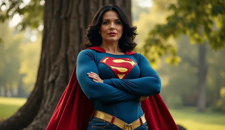 (((very beautiful old Supergirl (((1980s Superman costume))) Julie Hagerty(((dark-haired, large-breasted woman in her 50s)))) Super woman Julie Hagerty; confident, powerful, indestructible, attractive; big and firm chest; strong breasts; arms crossed, arra...