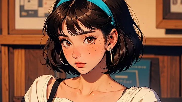 retro, 1girl, bangs, blush, bob cut, brown eyes, brown hair, clock, closed mouth, collarbone, earphones, earrings, hairband, jewelry, looking at viewer, mole, mole under eye, phone screen, shirt, short hair, solo, suspenders, upper body,
