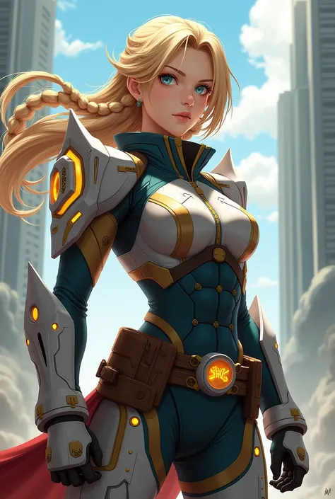 I want you to create me as a woman who has two pigtails(two braids) That has blonde hair, that he has a battle suit like in the style of Attack on Titan, a special suit to attack the world