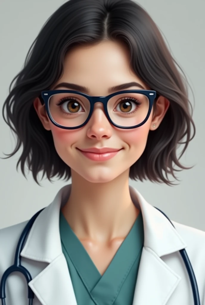 Female pediatrician with short black hair ,with glasses and big eyes,realist
