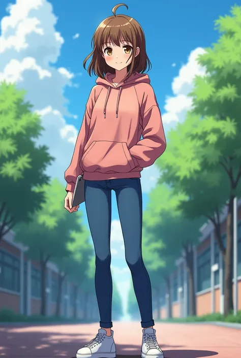 (anime:1.2),  Pretty girl standing full body with medium long brown hair and honey colored eyes from head to toe in school without bangs and with jeans and a hoodie along with her phone