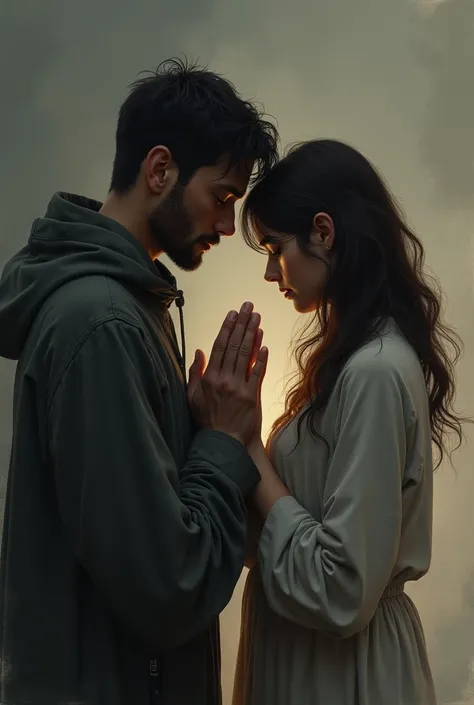 The father who seems to be praying but his hands are not raised, her eyes are closed, mother looked at father&#39;s face with a gloomy face and held father&#39;s hand
