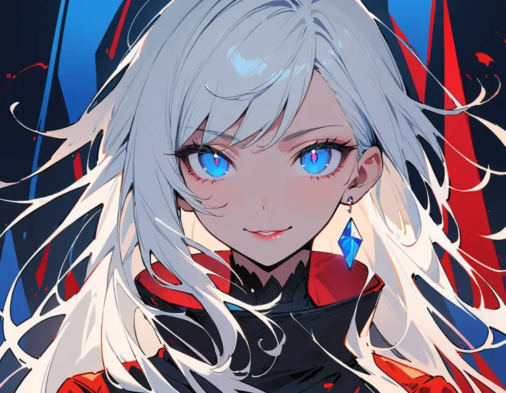 The Minimalists，Fashion Girl，white hair，Blue Background，Wear special earrings，Bohemian style，Clear lashes，full of bright blue eyes，Clean and transparent eyes，close up，Portrait facing camera，Smile flat illustration，geometry，Clean，Japanese Manga, Long white ...