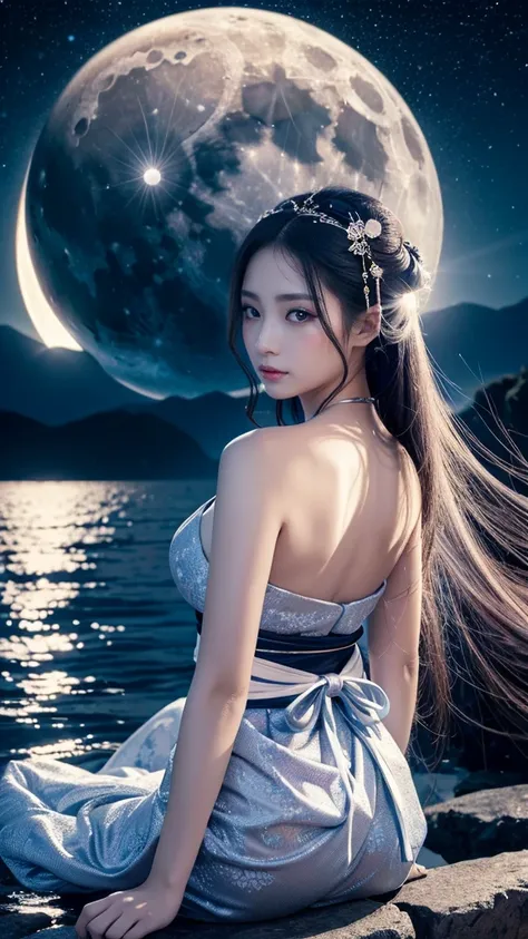 **Prompt:** Create an ultra-realistic 8K resolution image of Tsukuyomi, the Japanese moon god from Shinto mythology, reimagined as a majestic and serene female figure while retaining the deitys iconic features. Tsukuyomi now has long, flowing silver hair t...