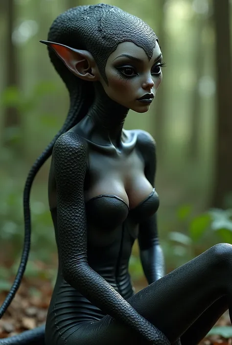 one girl, elf ears, , pure, cute naked, topless, a Woman alien mix, human Body, big tits,   shed skin, alien nose but the Rest of the face ist human, (((whiskers))) big eyes, full black eyes, hybride  50 %night elf and  50 % human, face mostly woman,  shed...