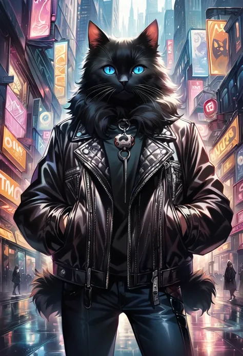 A black cat with blue eyes is wearing a leather jacket。, Digital art by Emma Andiewska, CG society hot topic, fur art, New Cat Movies, A black cat in the city made of yarn, Awesome CGI, Surreal, Anthropomorphic cat, Realistic CGI, anthropomorphic female ca...