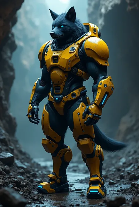 Protogen, furry art, masterpiece, great anatomy, black fur, neon blue details, detailed background, industrial, coal mine, dimly lit, male, wearing industrial yellow excavator like armour, solo,