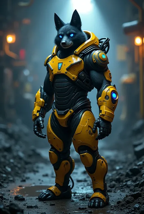 Protogen, furry art, masterpiece, great anatomy, black fur, neon blue details, detailed background, industrial, coal mine, dimly lit, male, wearing industrial yellow excavator like armour, solo,