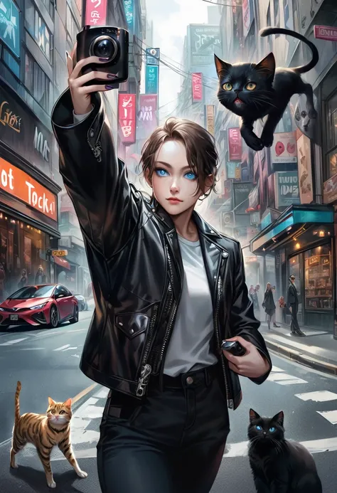 there is a Black cat with blue eyes and a leather jacket, New Cat Movies, Black cat in a city made of yarn, Awesome CGI, Surreal, Anthropomorphic cat, Realistic CGI, anthropomorphic female cat, Surreal, hyperRealistic CGI, Black cat taking a selfie, 3D ani...