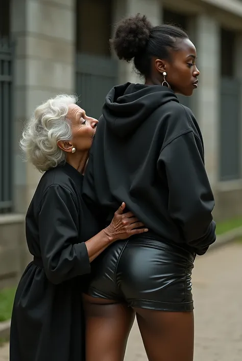 black woman hair in a bun black hoodie black leather short shorts rea;;y in shock as a old grandma in a dress on her knees kissing her ass behind her hand is in her ass holding her ass
