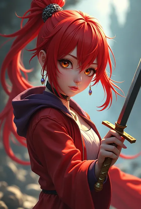 A highly detailed anime character with striking red hair, holding a sword in their hand, inspired by the art direction of the Guilty Gear series, particularly Guilty Gear Strive. The character is rendered in a stunning 2.5D CGI anime fantasy style, with an...