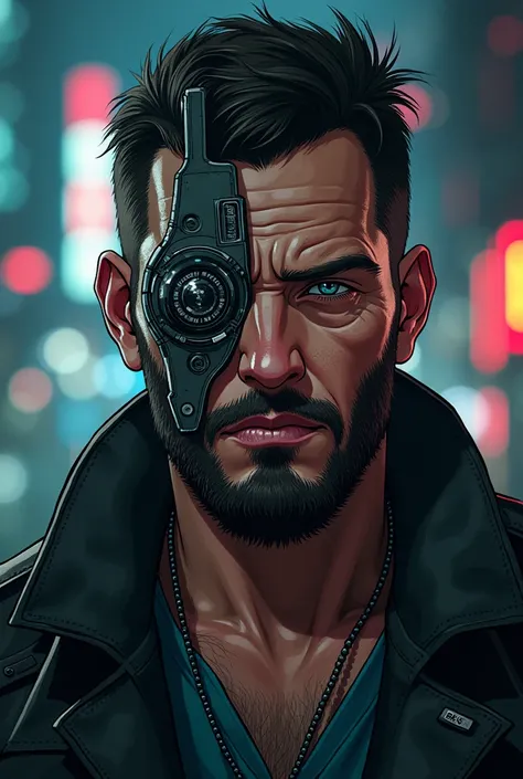 a cyberpunk man wearing glasses only on his right eye. 2D style
