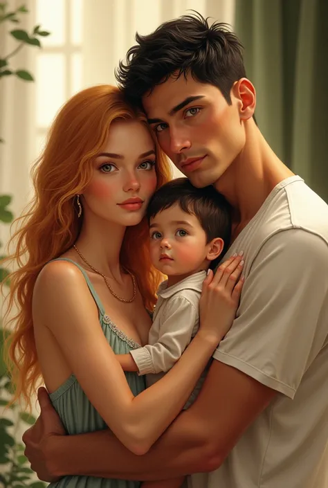 (best qualityer)), ((work of art)), (detailded), a woman with strawberry blonde hair, amber eyes, wearing a beautiful, elegant and comfortable dress with her firstborn son with green eyes and strawberry blonde hair and an extremely handsome man with a tann...