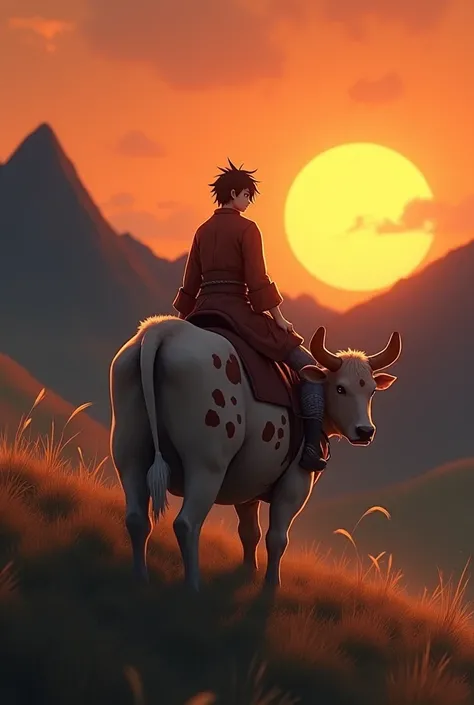 (photorealism:1.2), Satorou Gojo, riding a cow down a hill, facing the camera, orange sun on the horizon at sundown, black mountains in the background