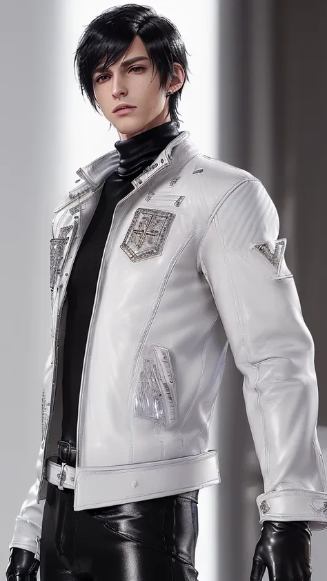 ((Final fantasy taste and reality graphics)), ((Japanese young cute and cool ikemen  boy)), his age is early 20s, thin eyebrows and beady eyes,  ((((he wearing white color leather very thick single-brest jacket)))),((((leather jacket is smooth luster and s...