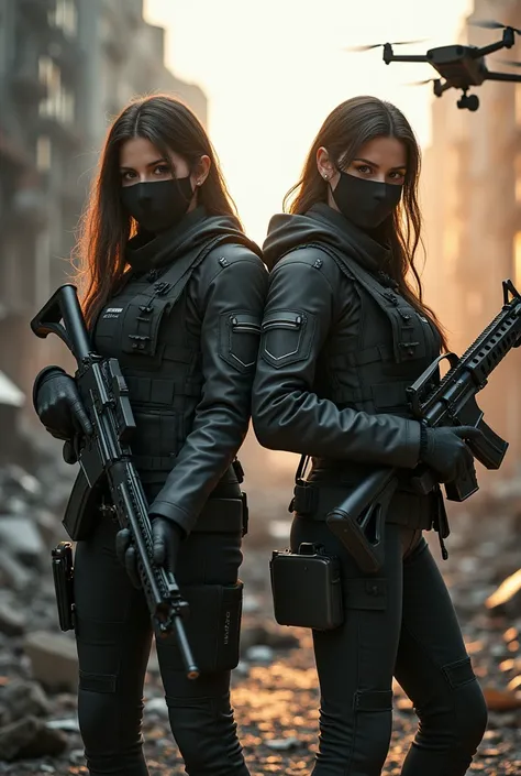 ((high quality)), ((masterpiece)), 8k, 2girls, bulletproof vest, cinematic light rays, extremely detailed CG unity 8k wallpaper, game cg, looking at the viewer, gloves, boots, full body, watch, computer, mask, drone, holding weapon, headphones, jacket, (ba...