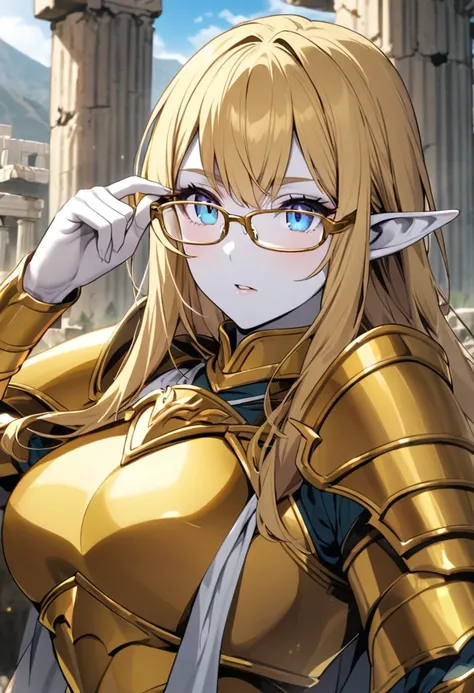 Elf in golden armor, large chest, white skin color, golden hair, Greek ruins background, blue eyes, wears glasses 