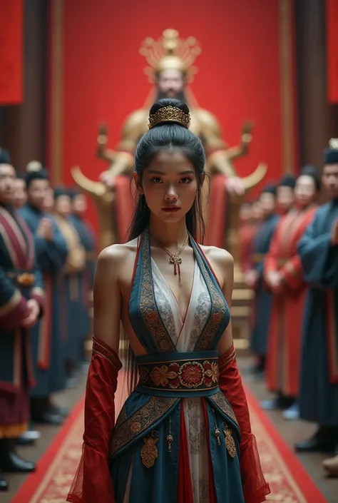 A beautiful young woman with a fierce look in a dark blue and red dress that is so thin that you can see the proportions of a full-fledged courtier from the Han and Fu dynasties stands examining the throne with officials standing in line in front of the em...