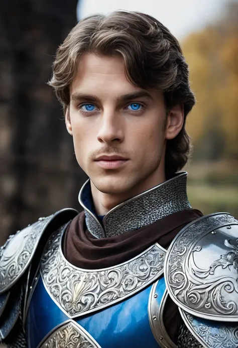 Create the image of a prince of the Middle Ages with 20 years and blue-eyed and young mono armor 