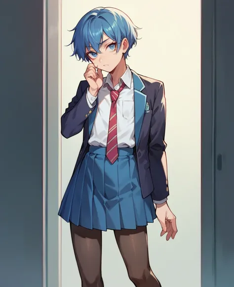 androgynous, 1girl, blue eyes, blue hair, solo, standing, school uniform, shirt, short hair, pantyhose, blue skirt, collared shirt, white shirt, blazer, necktie