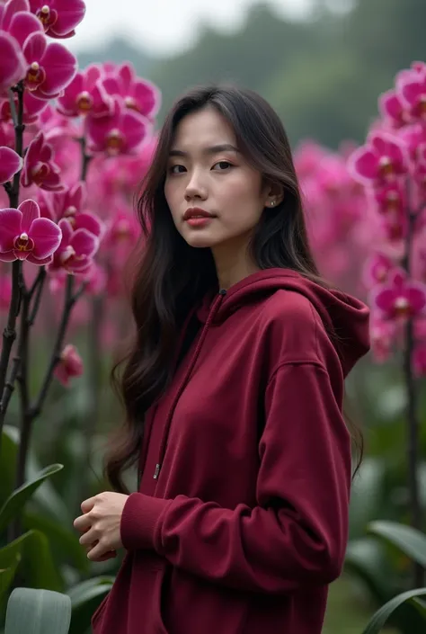 a beautiful Indonesian woman, smooth white skin, well-groomed face,long hair, maroon, slow motion,mengenakan baju hoodie rajut maroon, brand name (feel ) celana kargo hitam slow motion Banyak kantong nya,black watch, white shoes, berpose berdiri di samping...