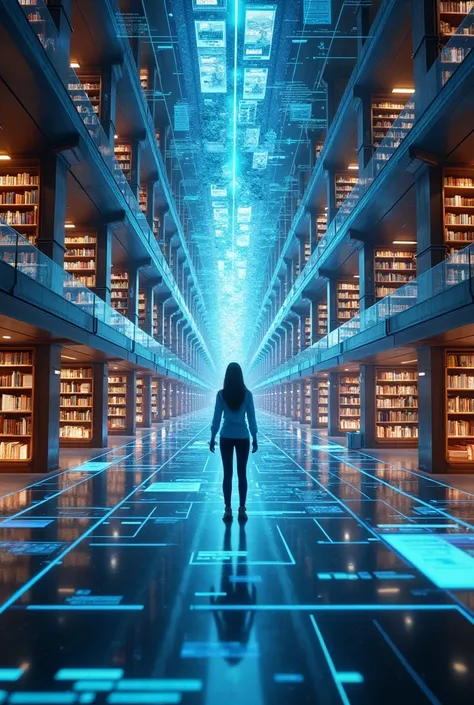 The great library hall of the future will be a digital space that uses AI and AR technology to help find information and recommend content based on your interests. Access books and information from anywhere, quickly.