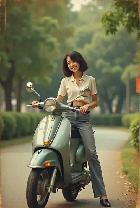 Old film photo from 1980, a park, a short-haired Thai girl wearing flared pants is posing happily riding her new motorbike.