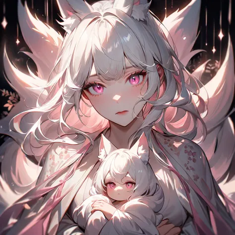 A digital painting of a kitsune with long white hair and pink eyes, her face turned slightly to the side and looking at the viewer with a worried expression. She is holding a baby girl kitsune in her arms, who also has white hair, slightly long and soft, w...