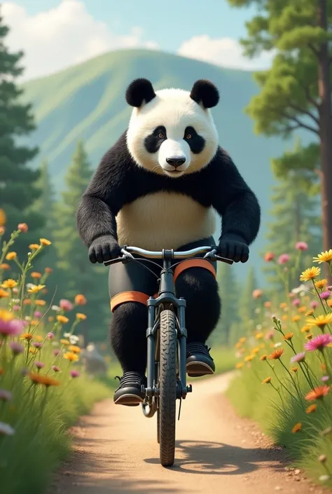 Draw a semi realistic panda, nice look, You must wear sports clothes and ride a bicycle on a path.