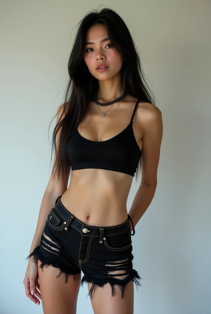  skinny white girl with black hair in a crop top shirt and a mini skirt full body. 