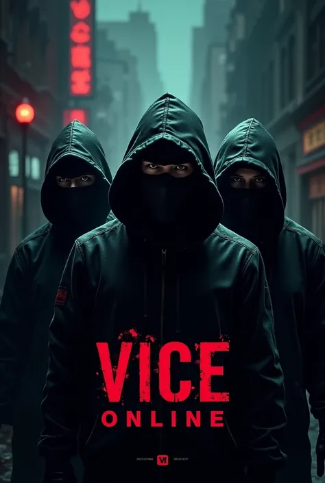 Create a logo with the name VICE ONLINE WE ARE COMING MAFIA ODS with masked gang members all in black 