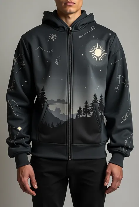 Sweatshirt with front zipper ( star shaped), a little more fitted to the body, but with wide, comfortable sleeves in a dark shade like gray or charcoal that gives a more sober vibe. on the sleeves, drawings of small details of constellations with mystical ...