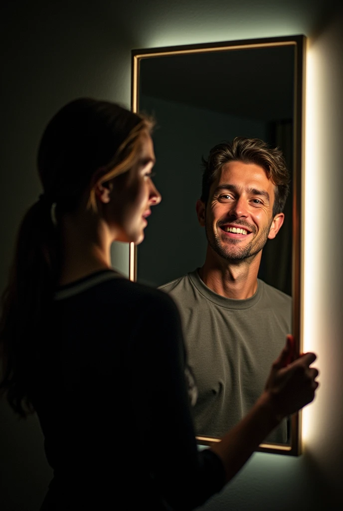 An image showing a person holding a mirror, with a bright light coming from the right, representing the light of God. The person is looking at the mirror with an expression of doubt and confusion, com um fundo escuro e sombrio, representing the darkness of...