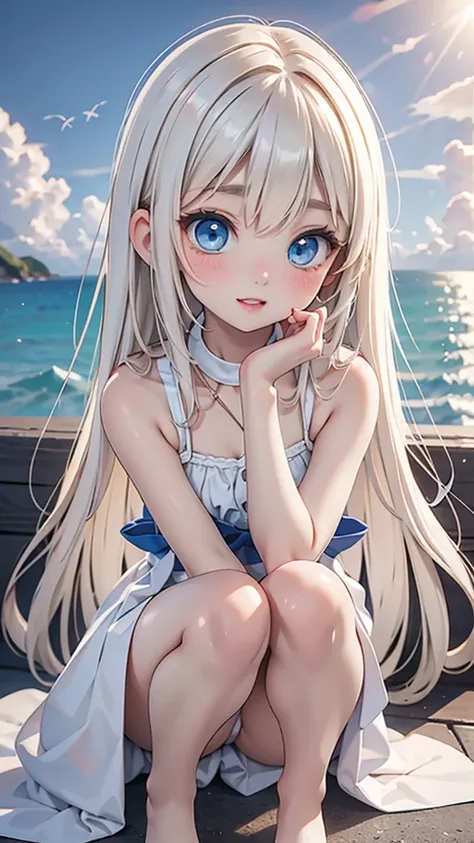 Late 20s European woman、Anime-style illustrations。Short stature with a youthful appearance、Fair skin。Short stature with a youthful appearance、Long, bright golden-white hair、Big Blue Eyes。Delicate and slender figure。Wearing a fairy-like elegant dress。Cute e...