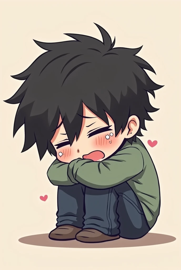 Create a chibi character of eren crying with his face on his knees Very sad 
